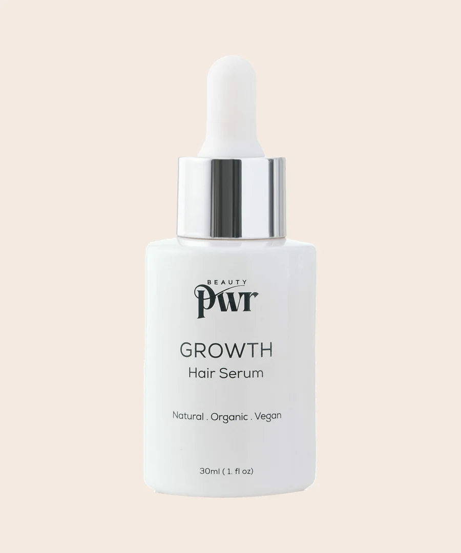 BeautyPWR Growth Hair Serum i vit flaska med pipett och silverfärgad krage, 30 ml